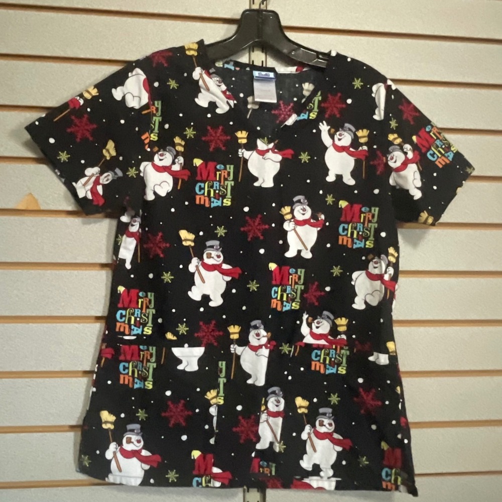 Frosty the Snowman Christmas Scrub Top Womens XS Black V-Neck Holiday Medical